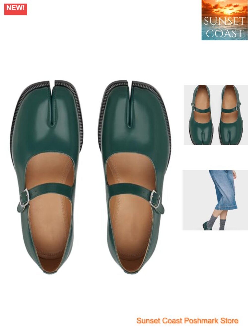 Split Toe Tabi Mary Jane Flats Chunky Low Heel Ankle Strap Buckle Dress Shoes